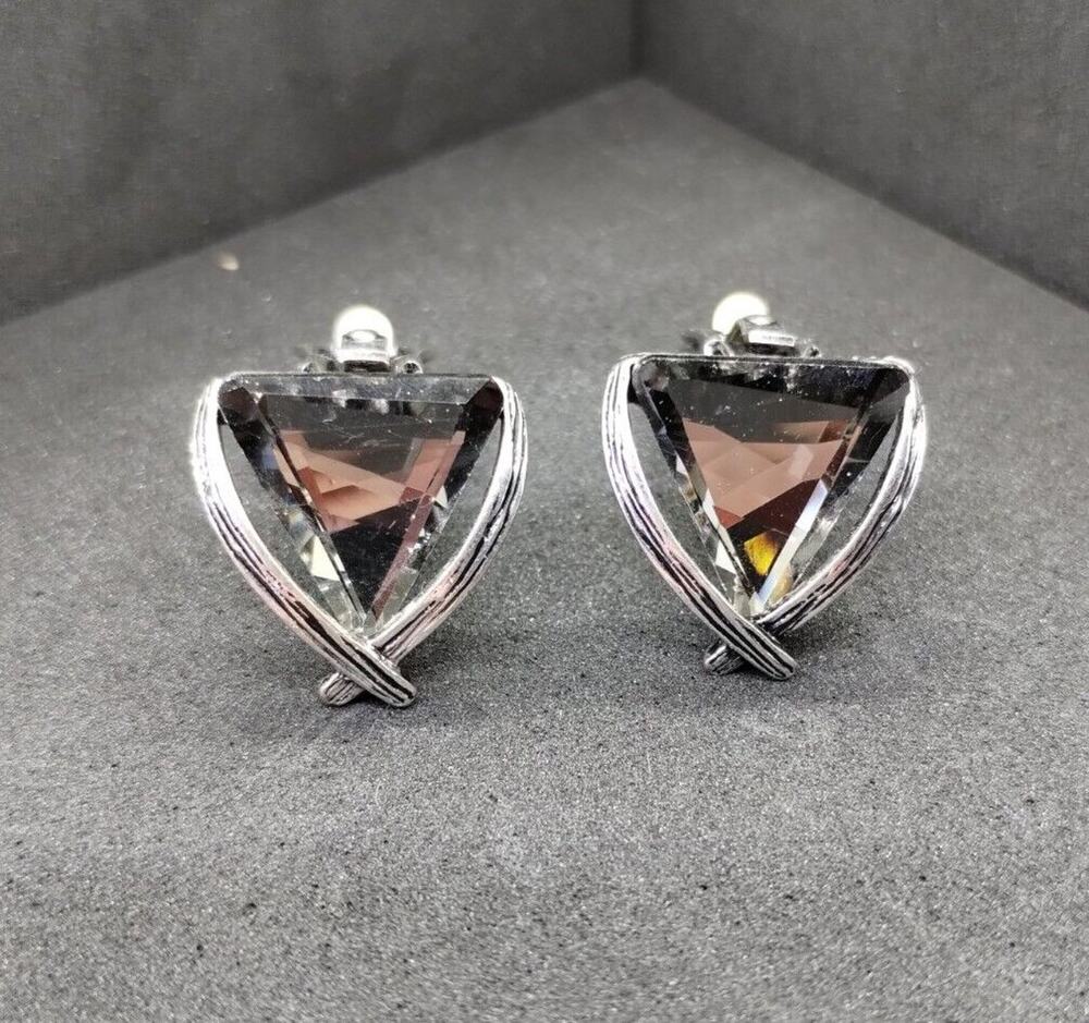 Silver Tone Clip On Earrings - Gray Stone - Triangles